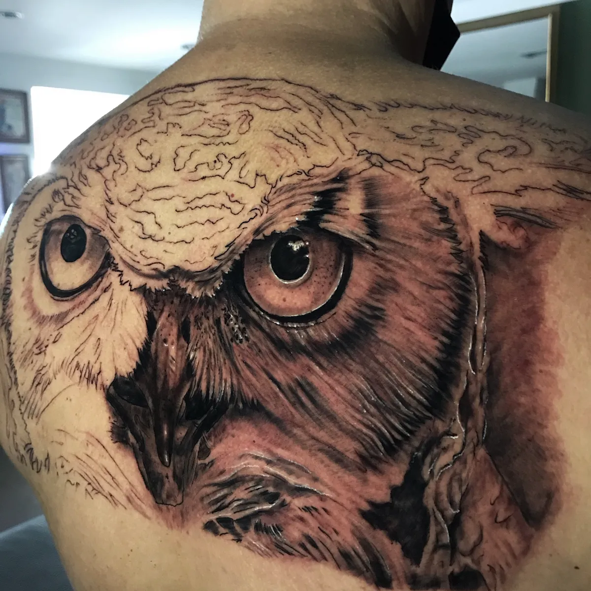 Tatuagem de coruja em realismo preto e cinza nas costas