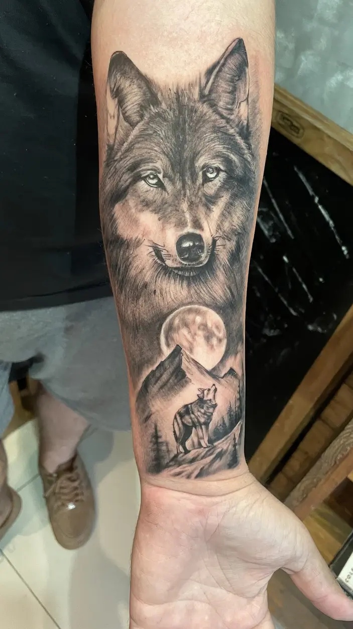 Tatuagem de lobo em realismo preto e cinza feita na SP 11 Tattoo